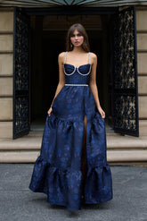 The Lucetta Dress with Beads in Navy Baroque Floral