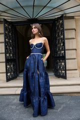 The Lucetta Dress with Beads in Navy Baroque Floral