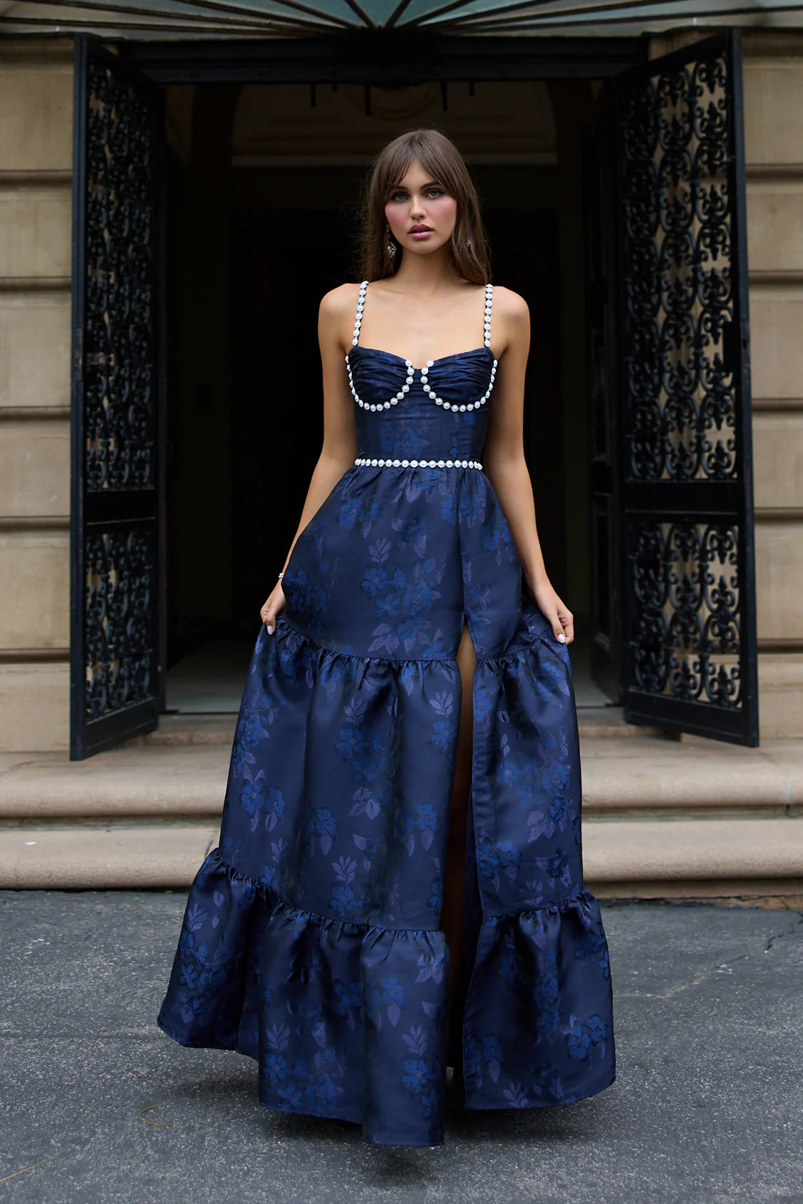 The Lucetta Dress with Beads in Navy Baroque Floral